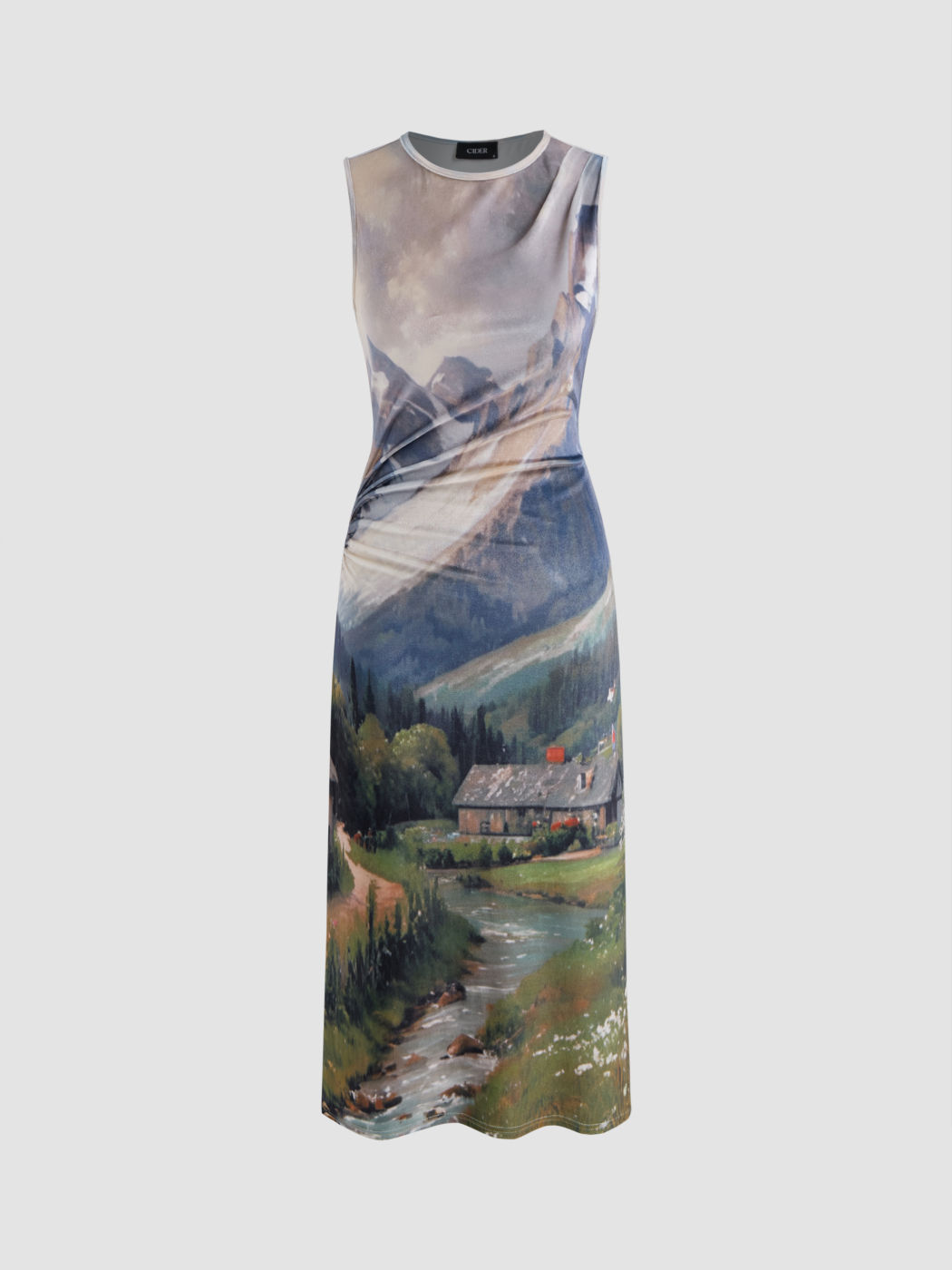 Velvet Round Neckline Landscape Pattern Ruched Midi Dress