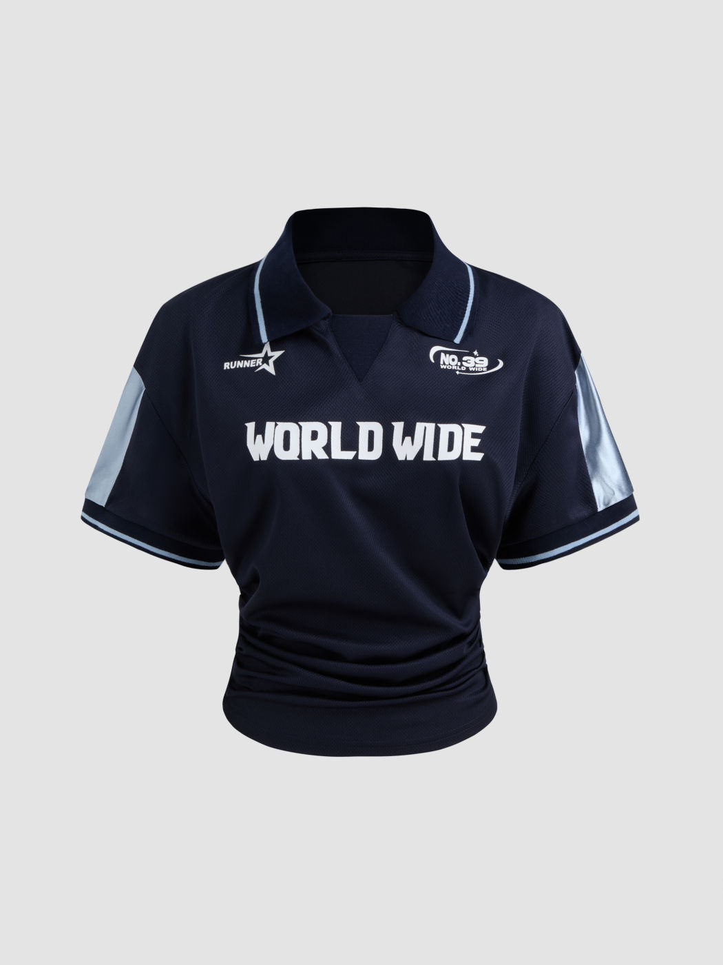 WORLD WIDE NO.39 Polo Contrasting Binding Ruched Short Sleeve Tee