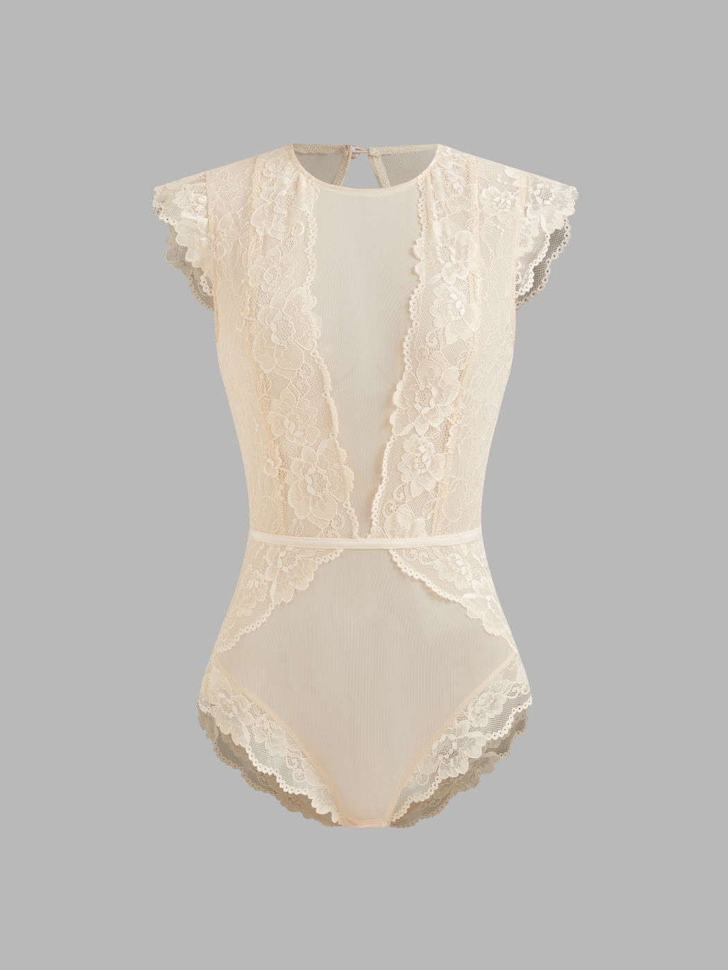 Spitzen Rundhals Solid Cut-Out Transparenter Body