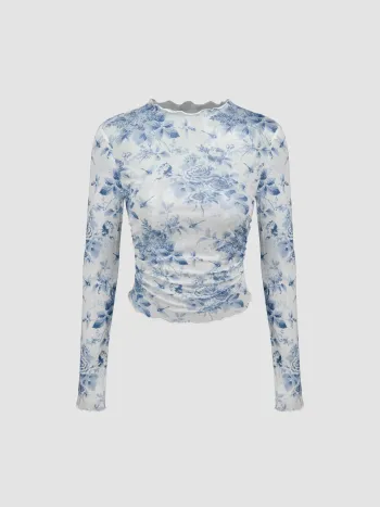 Mesh Floral Lettuce Trim Ruched See-through Top