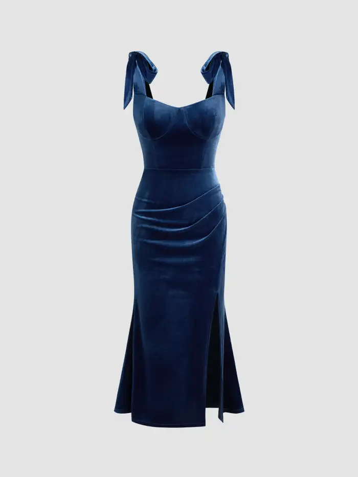 Velvet Scoop Neckline Ruched Maxi Dress