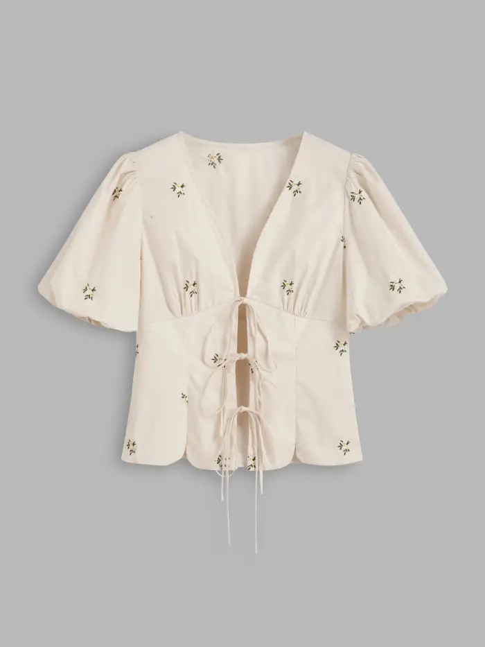 Linen-blend V-neck Embroidery Lace Trim Tie Front Crop Blouse