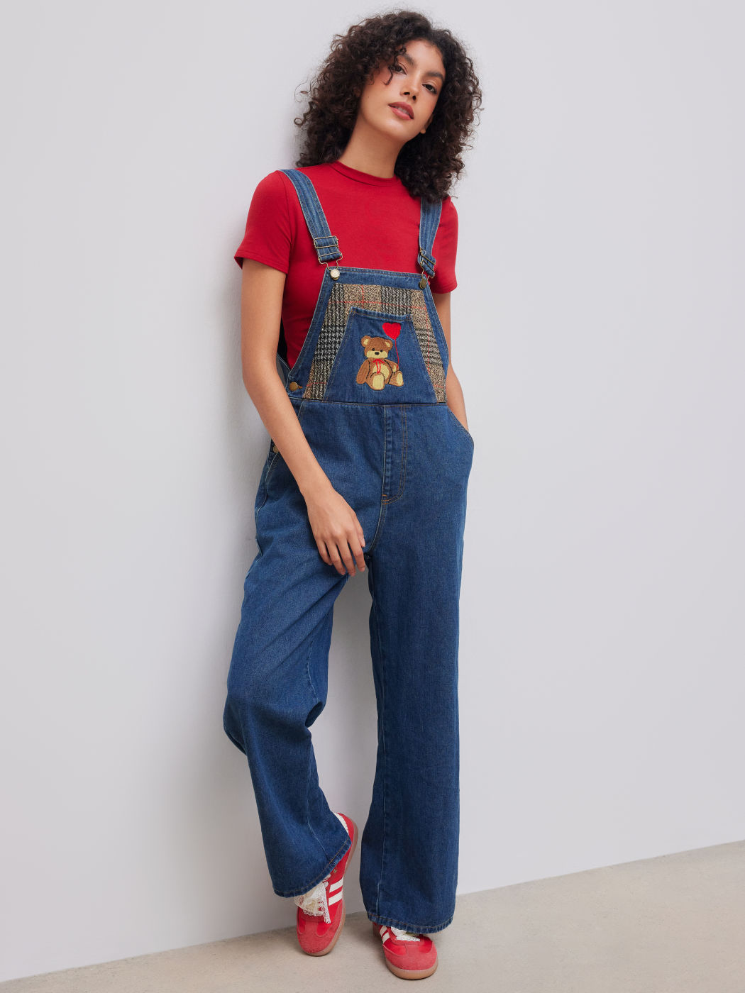 Denim Heart Bear Pocket Wide Leg Jumpsuit