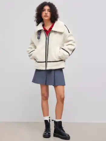 Fleecekragen Kontrastierende Bindung Tasche Schaffell Jacke