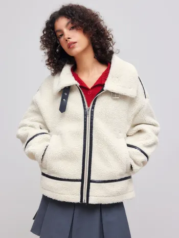 Fleecekragen Kontrastierende Bindung Tasche Schaffell Jacke