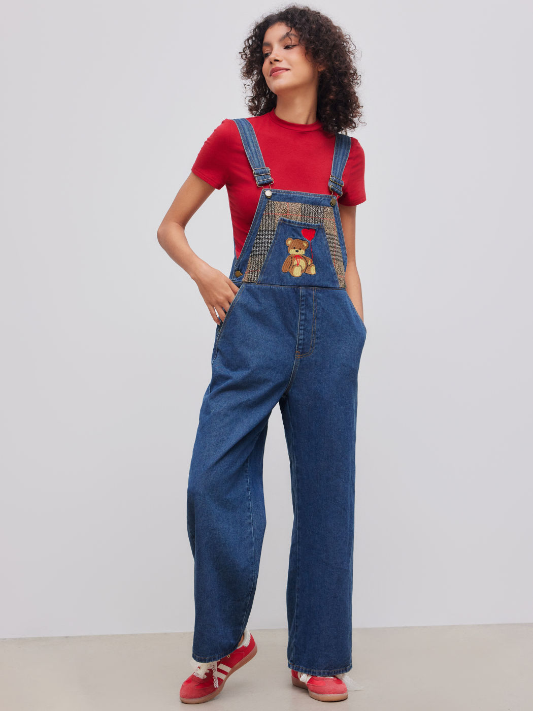 Denim Heart Bear Pocket Wide Leg Jumpsuit
