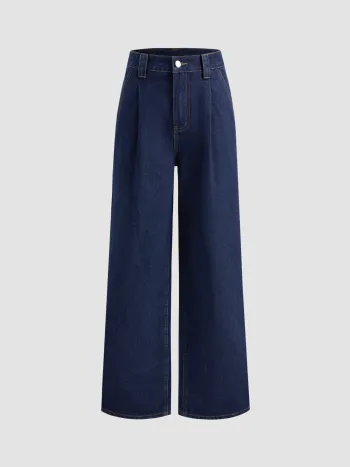 Denim-Hochbund-Pleated-Straight-Leg-Jeans