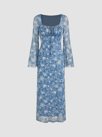 Square Neck Floral Knotted Maxi Dress