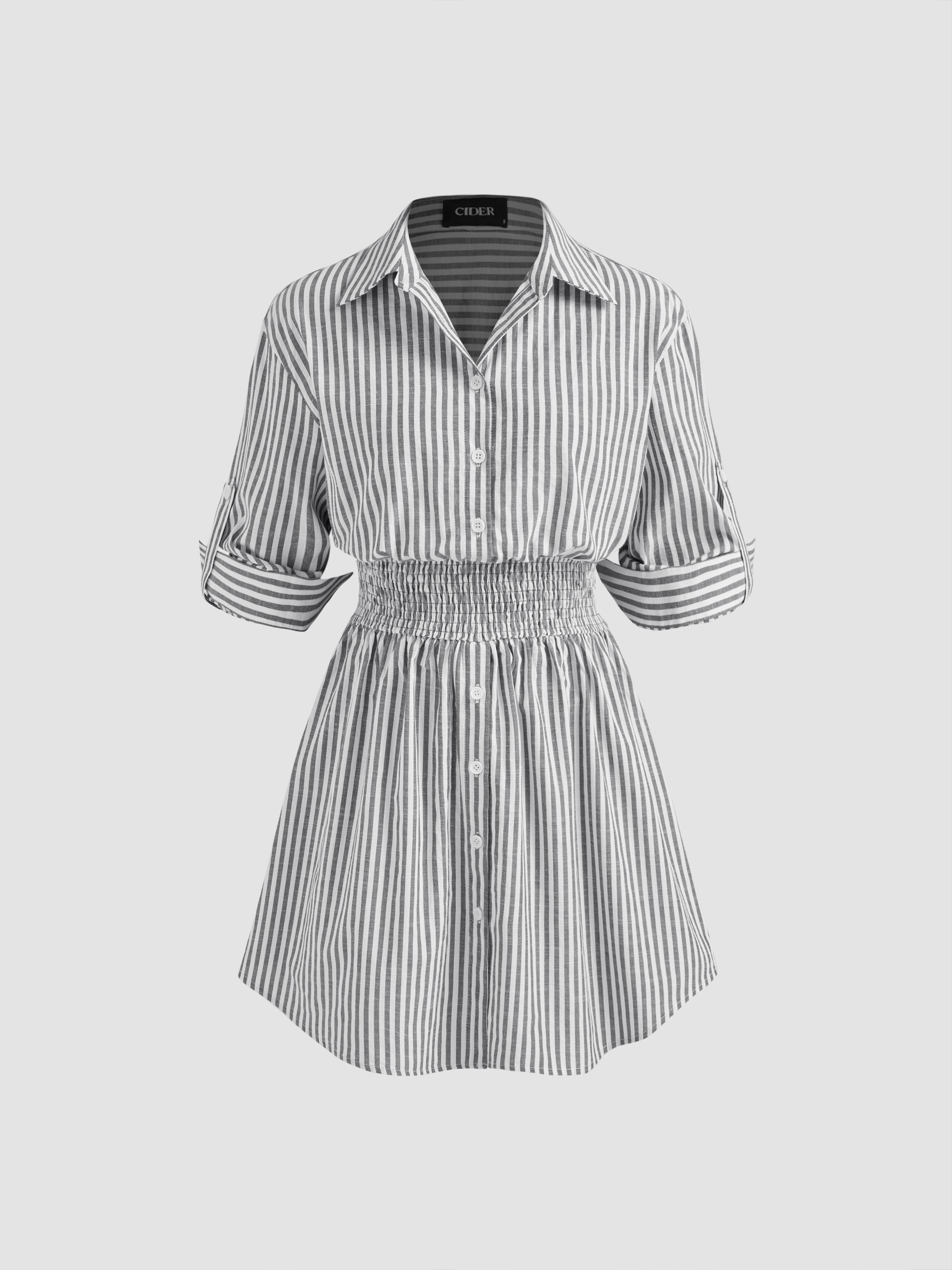 【Cider】シャーリング ボタン シャツ ドレス Woven Cotton-blend Collar Striped Shirred Button Mini Shirt