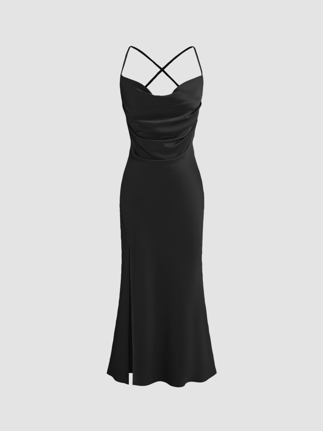 Satin Cowl Neck Solid Ruched Criss Cross Split Maxikleid