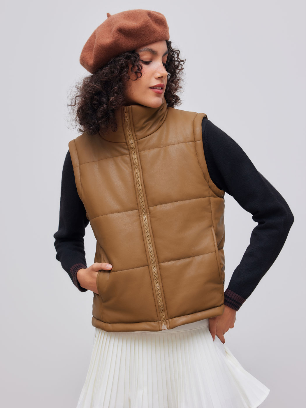 Faux Leather High Neck Puffer Vest