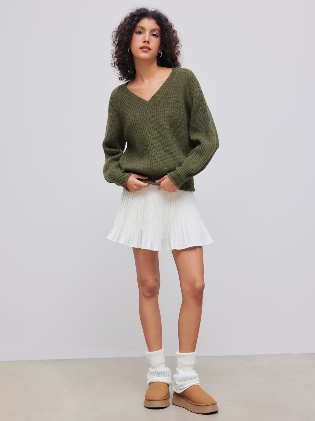 Knit V-neck Solid Rib Sweater
