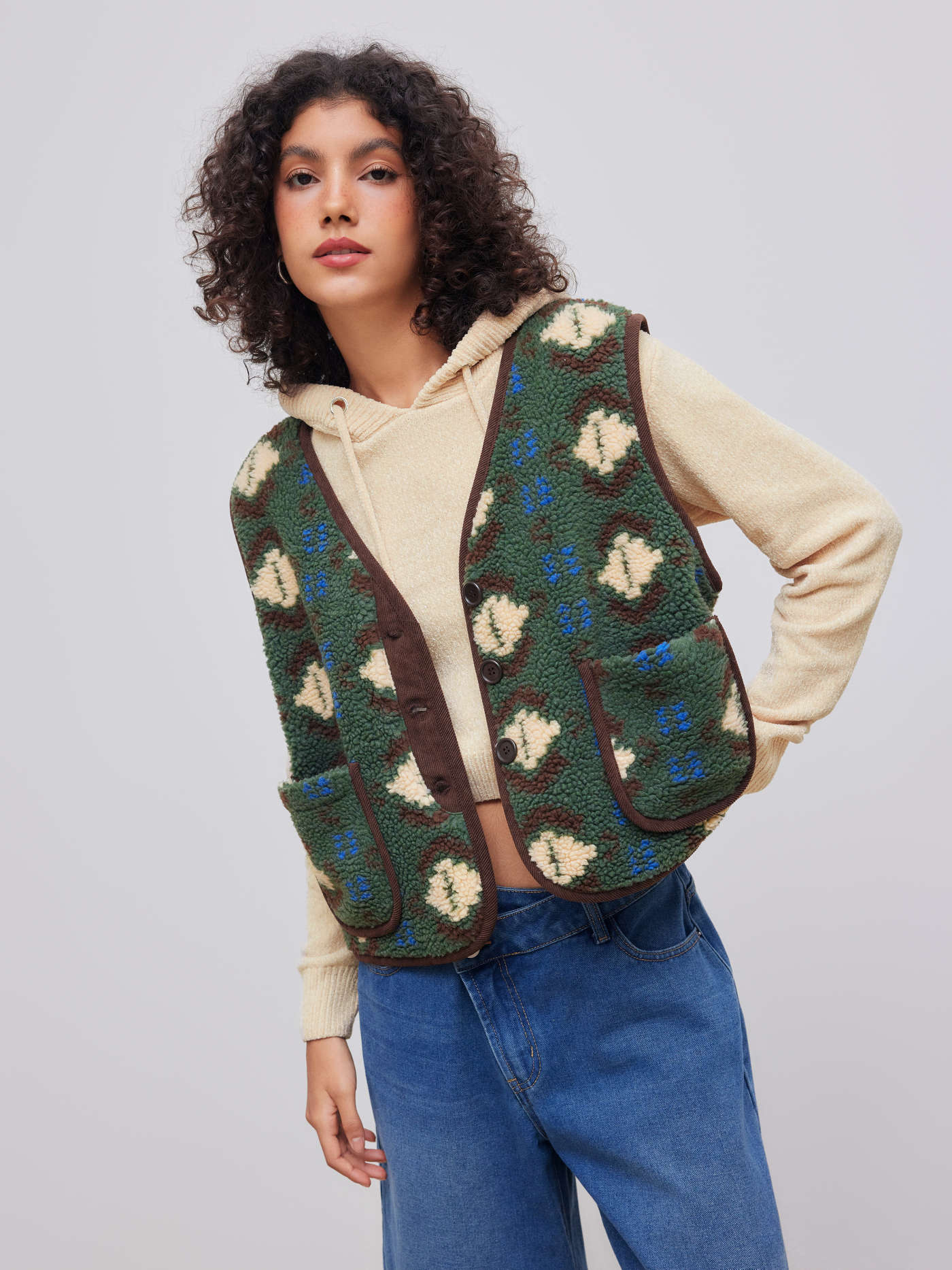 Fleece V-neck Geometric Pocket Oversized Jacket Vest