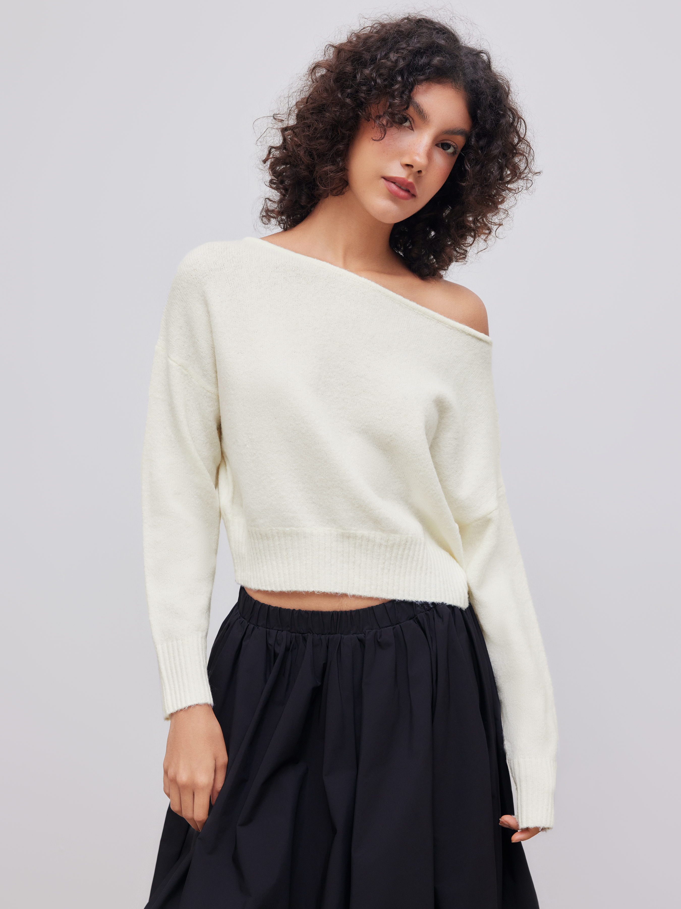 Knit Fabric Knitted Boat Neck Solid Asymmetrical Long Sleeve