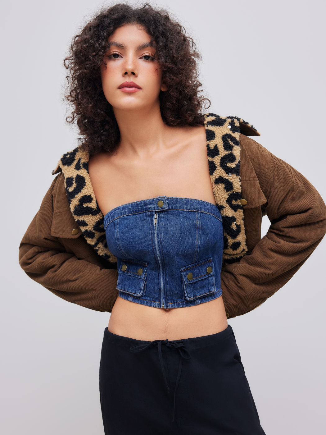 Denim Solid Button Cargo Crop Tube Top