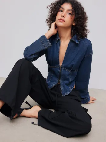 Veste en denim à col corset uni avec fermeture éclair