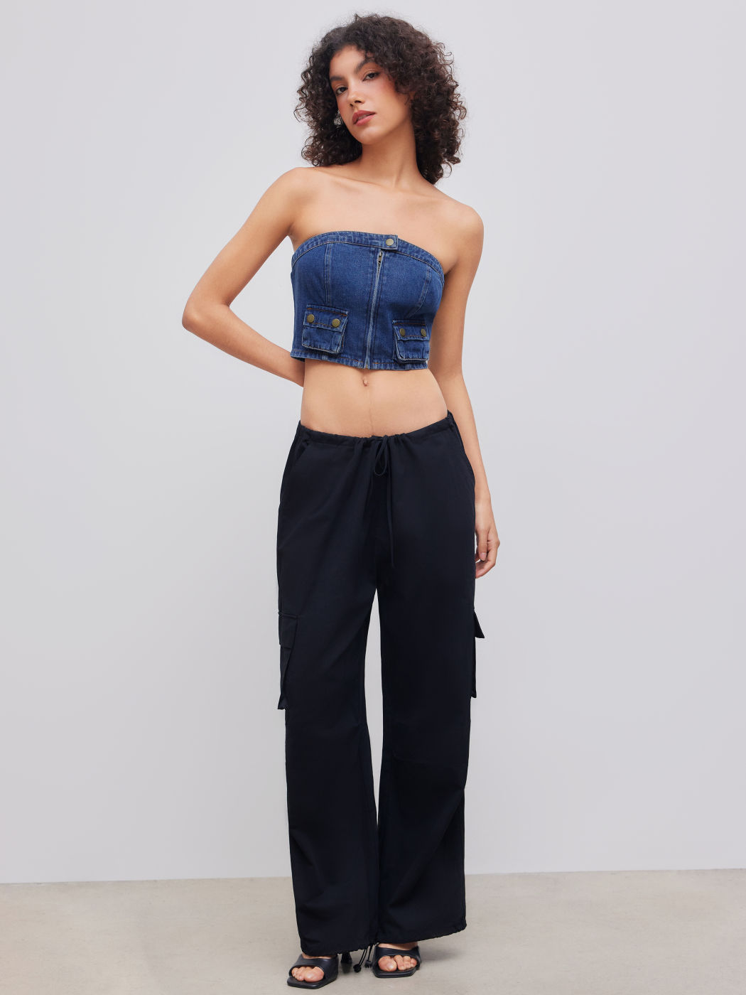 Denim Solid Button Cargo Crop Tube Top