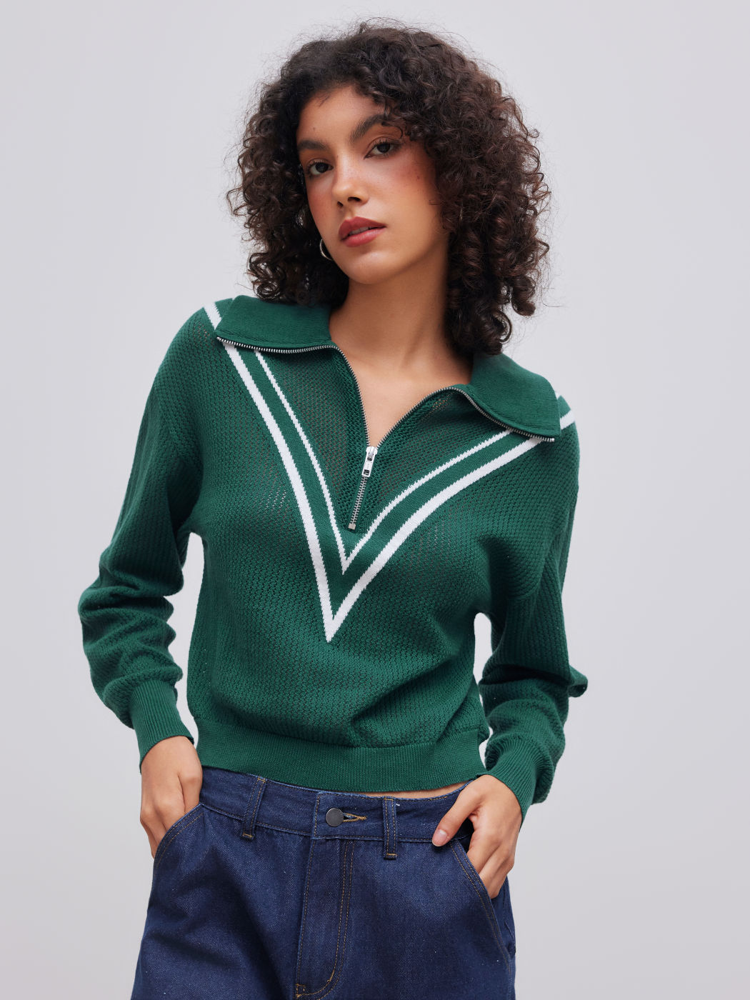 Knit Collar V Striped Zipper Long Sleeve Top