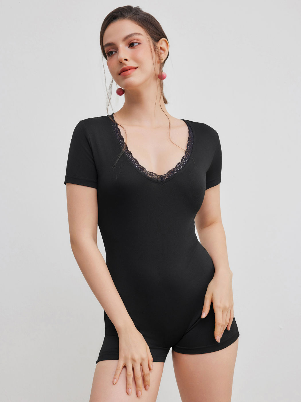 V-neck Lace Trim Solid Lounge Romper