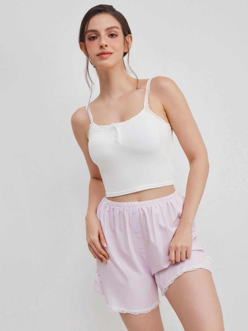 Scoop Neckline Solid Lace Trim Cami Top &  Mid Rise Striped Button Lace Trim Shorts Loungewear Set