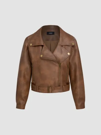 Kunstleder Kragen Einfarbig Tasche Reißverschluss Gürtel Biker Jacken