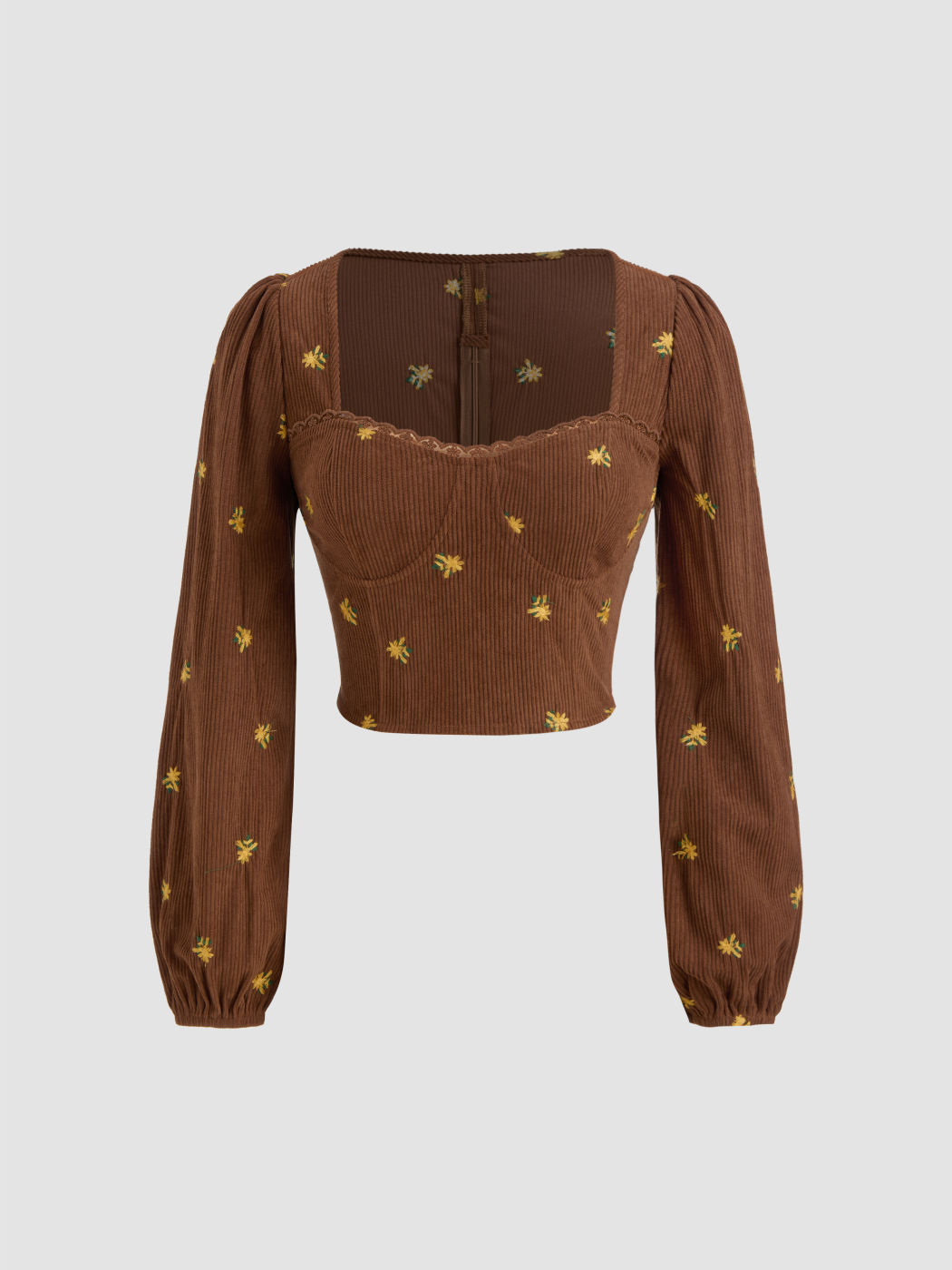 Corduroy Sweetheart Floral Embroidery Long Sleeve Crop Top