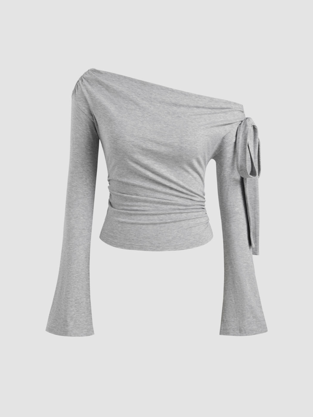 Off-shoulder Solid Knotted Ruched Long Bell Sleeve Top
