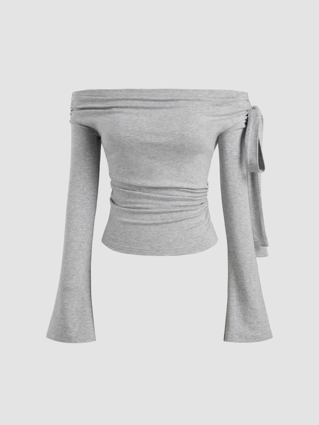 Off-shoulder Solid Knotted Ruched Long Bell Sleeve Top