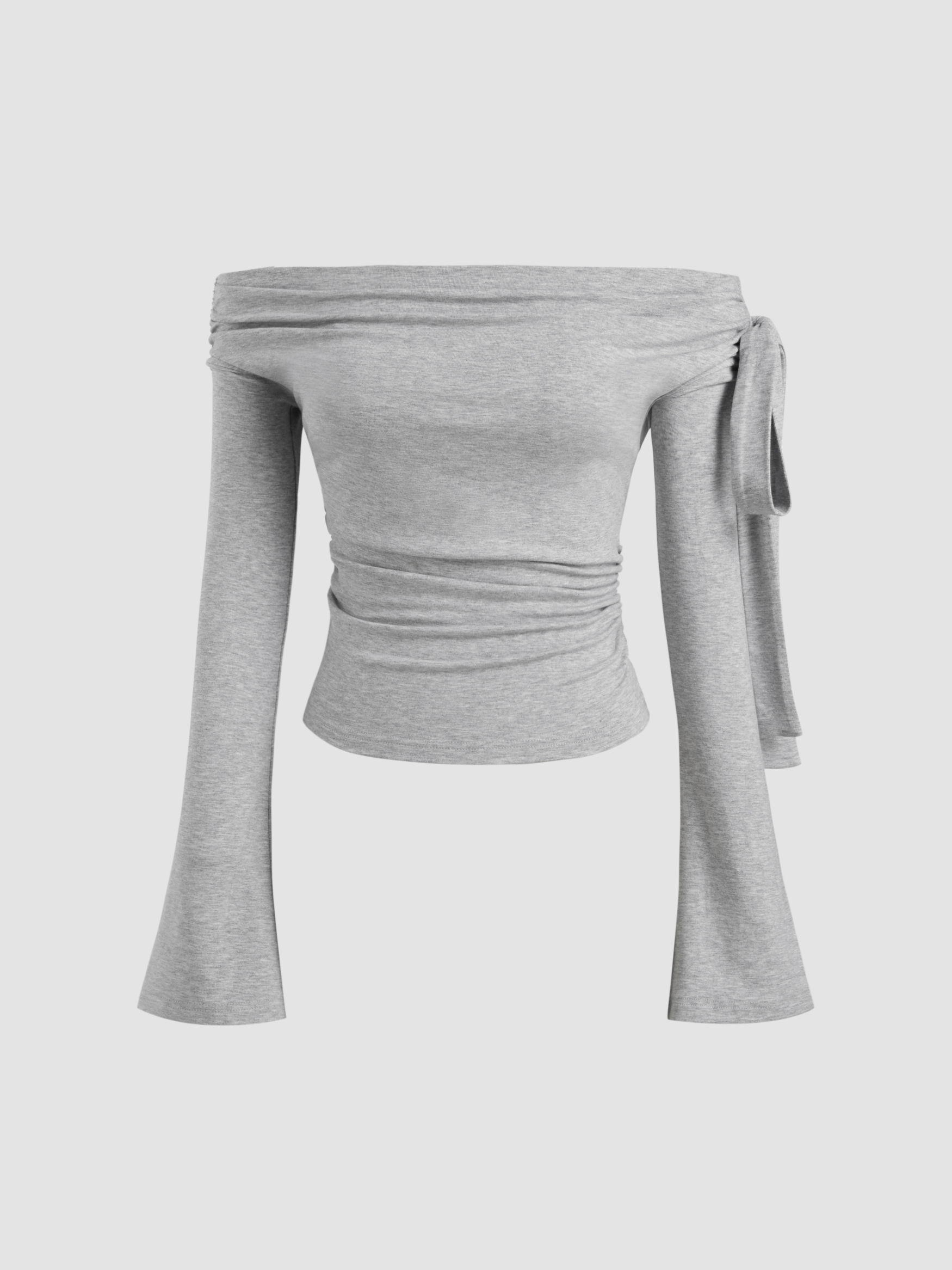 Off-shoulder Solid Knotted Ruched Long Bell Sleeve Top