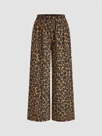Mittlerer Bund, elastische Taille, Leopardmuster, breite Beine Hosen