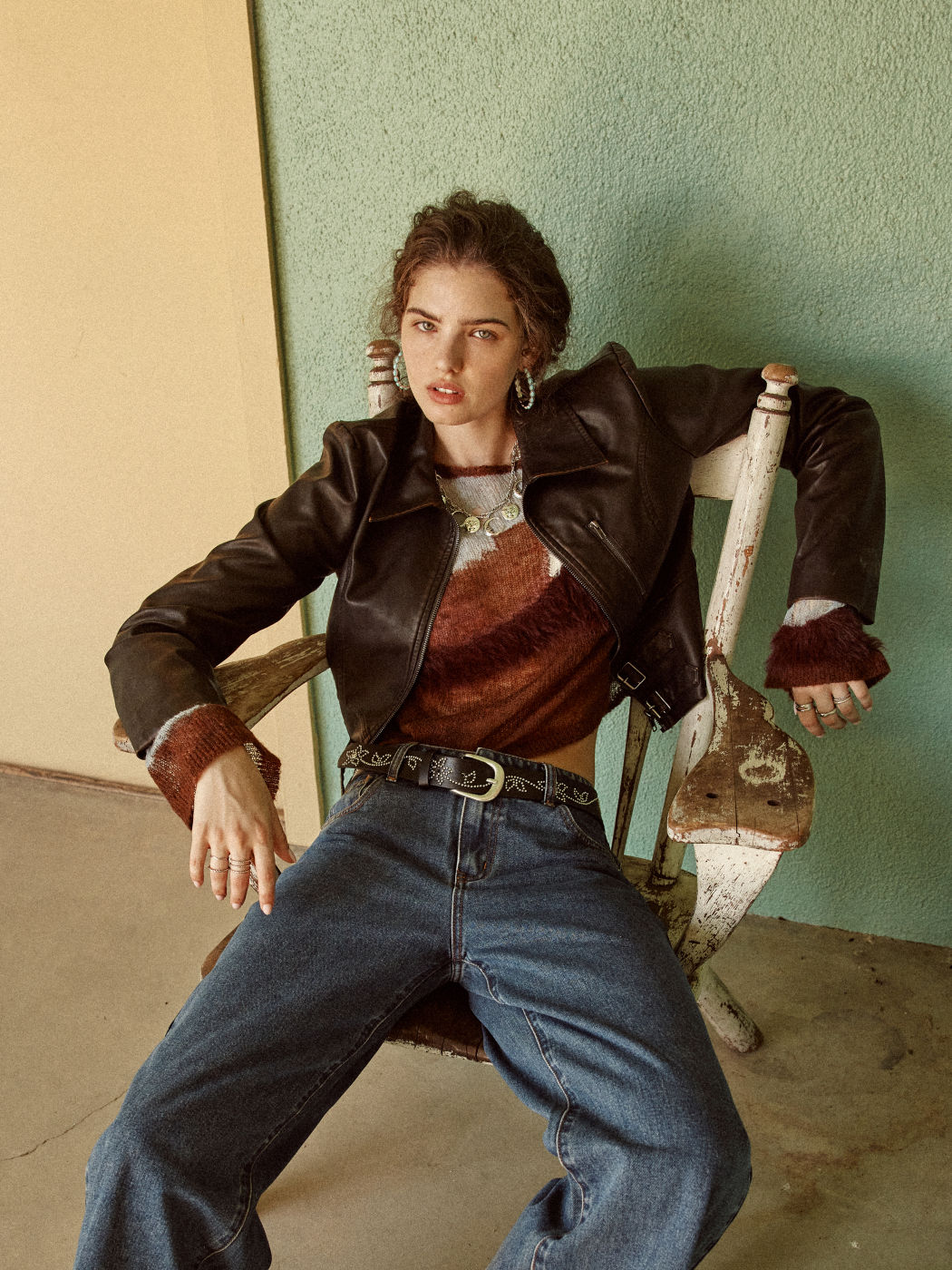 Faux Leather Collar Solid Pocket Belted Jacket