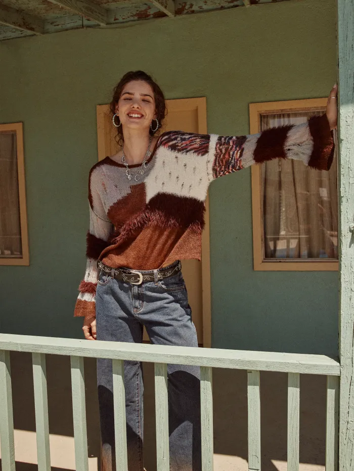Knitted V-neck Horse Stripe Long Sleeve Top