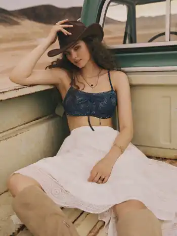 100% Cotton Square Neckline Aztec Lace Up Crop Cami Top