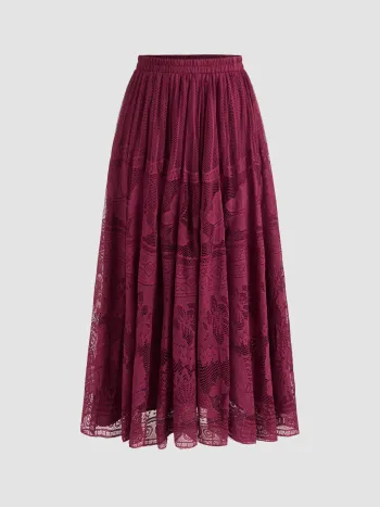 Voluminöse Spitzen-Maxi-Skirt mit Blumen- und Schmetterlingsmuster