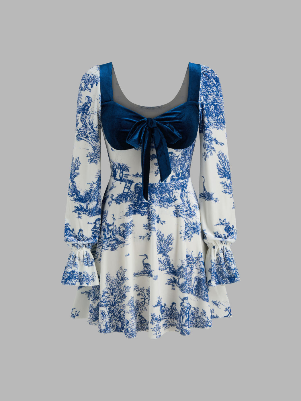 Velvet Toile De Jouy Bowknot Mini Dress