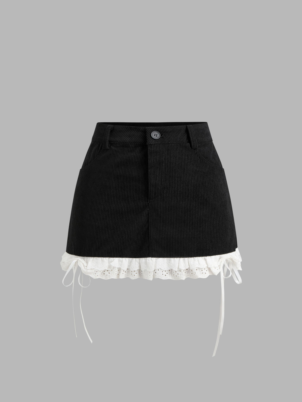 Corduroy Low Rise Solid Broderie Anglaise Hem Knotted Mini Skirt