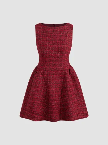 Tweed Bootsausschnitt Reißverschluss Rüschen Minikleid