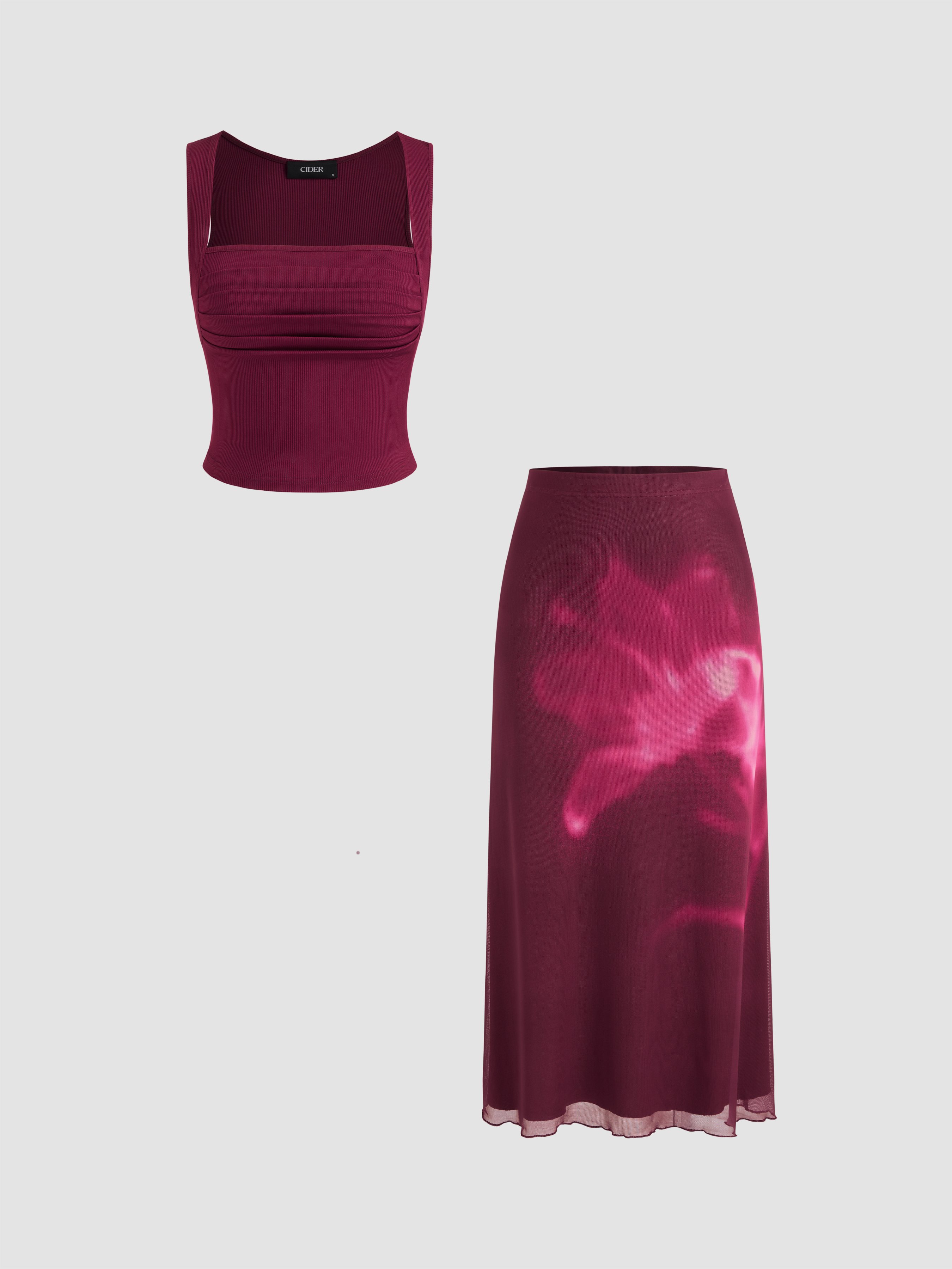 Embellished Square Neck Top With Drape Skirt Set