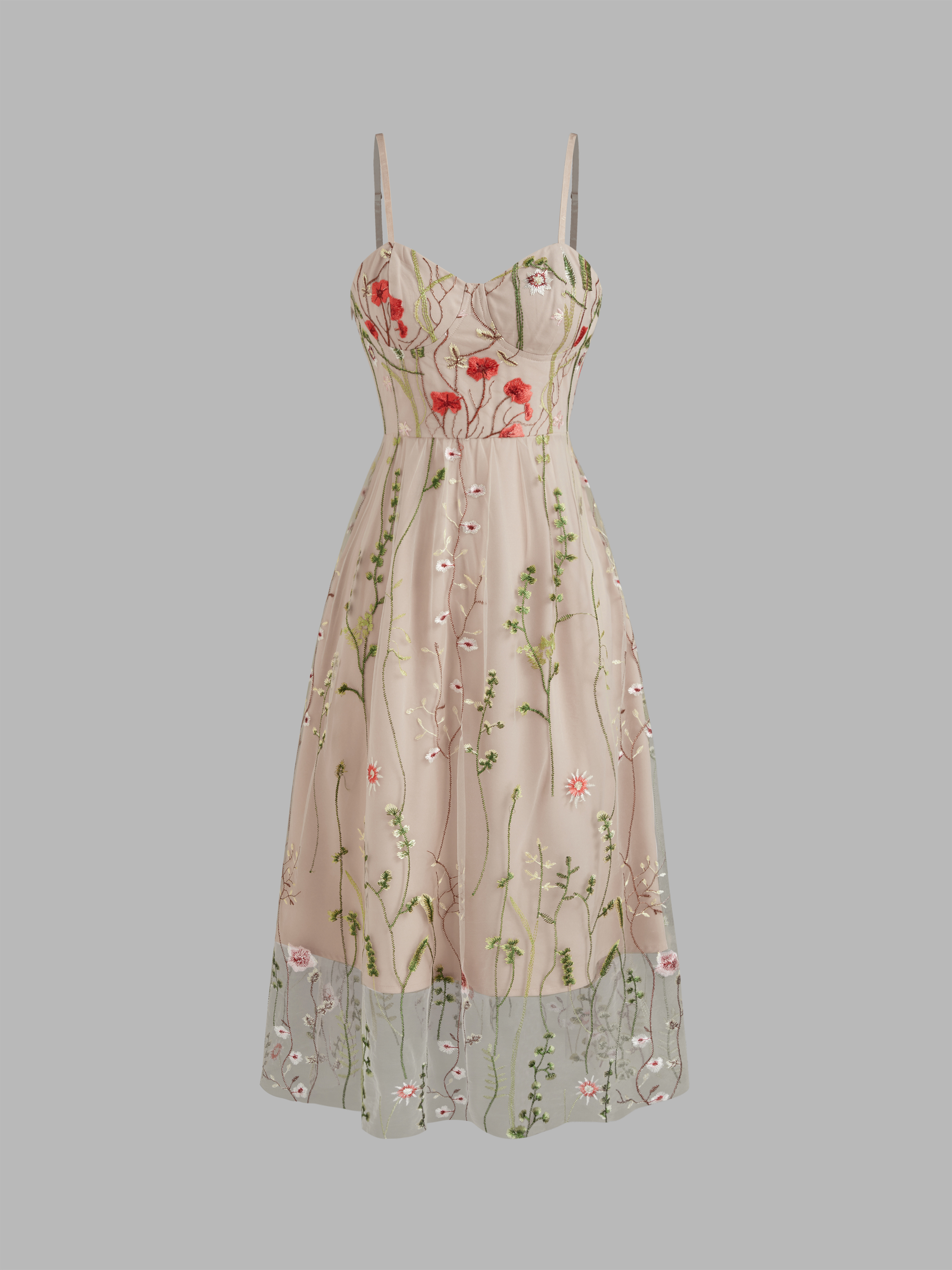 Sweetheart Neckline Floral Embroidery Mesh Maxi Dress