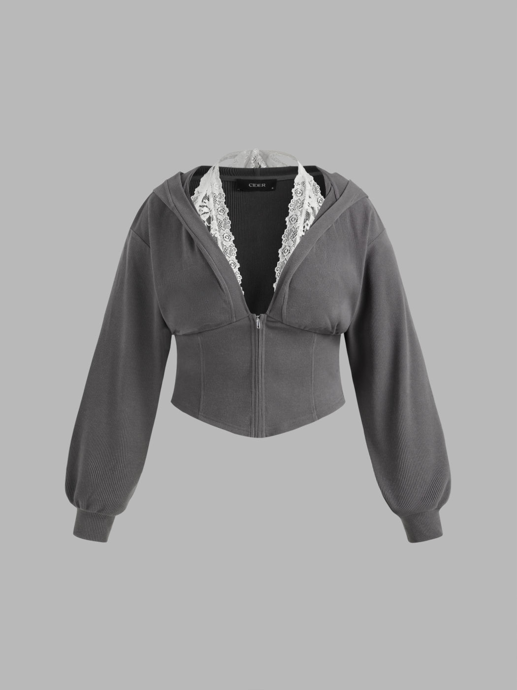 Rib Halter Neckline Lace Corset Zipper Hoodie Curve & Plus