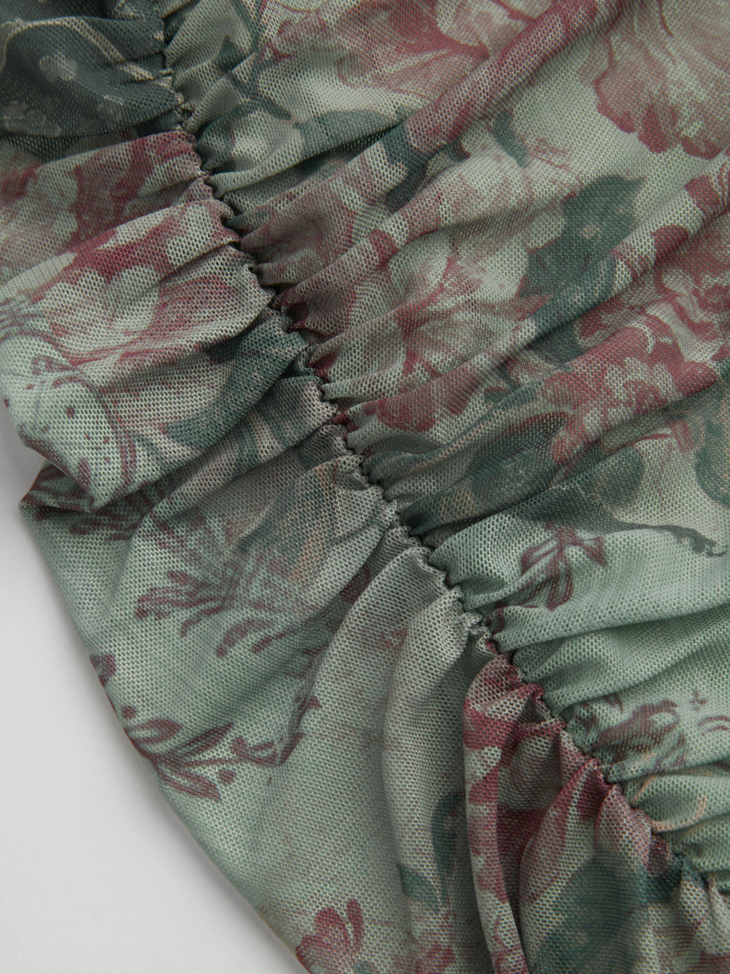 Mesh Asymmetrical Neck Floral  Ruched Midi Dress