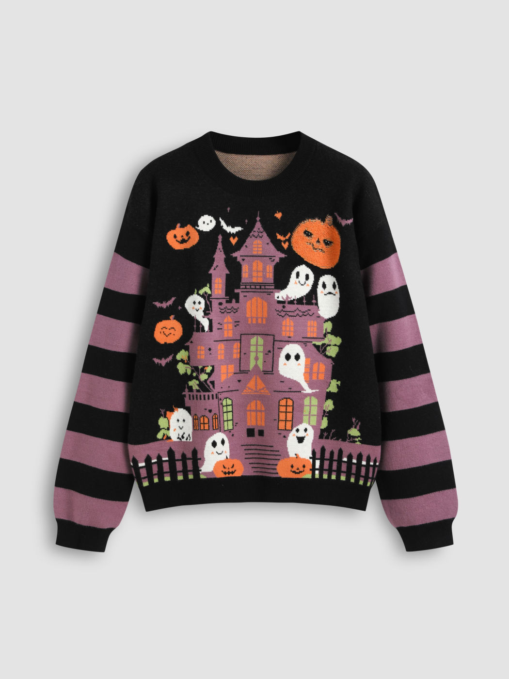 Knitted Round Neckline Halloween & Ghost Pumpkin Striped Sweater