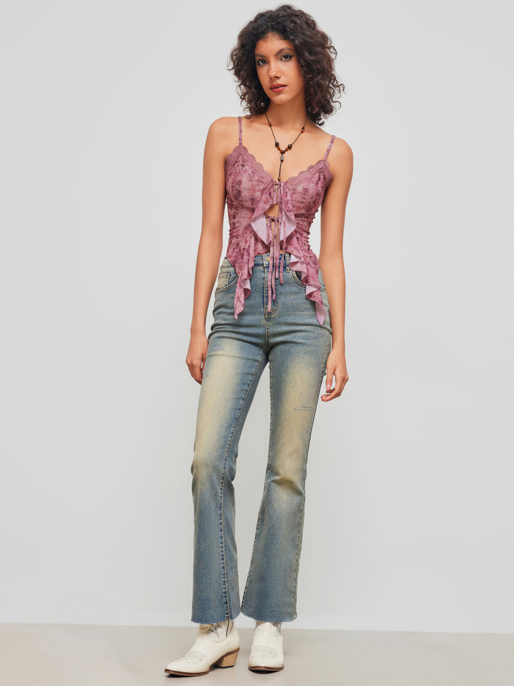 V-neck Floral Tie Front Bow Lace Ruffle Hem Crop Cami Top