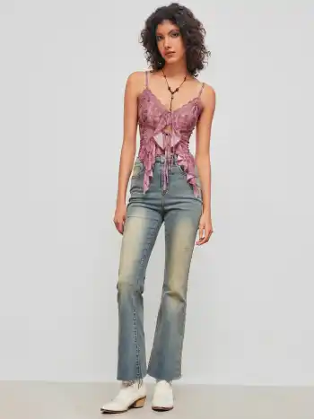 V-Ausschnitt Blumenknoten Vorderseite Schleife Spitze Rüschensaum Crop Top