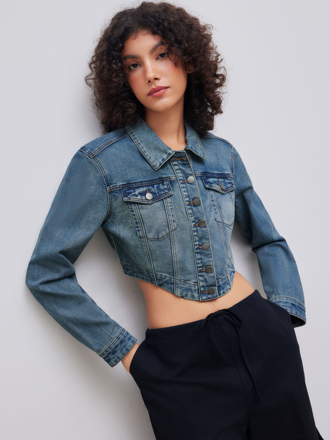 High Stretch Denim Collar Solid Button Crop Jacket