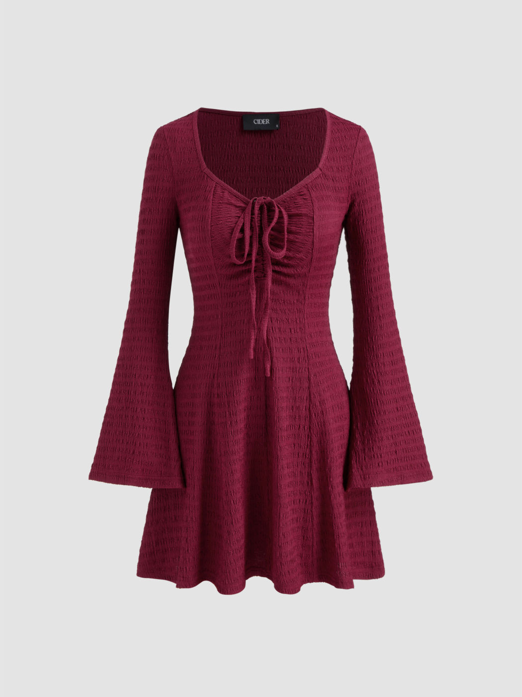 V-neck Solid Knotted Long Sleeve Mini Dress