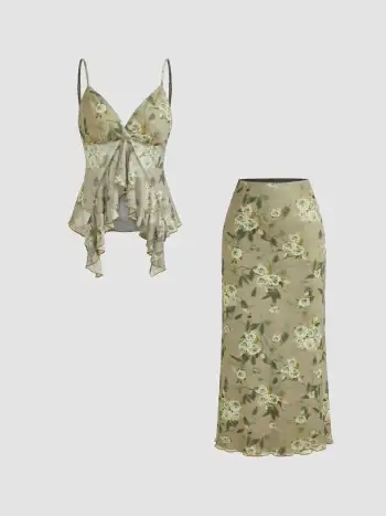 U-neckline Floral Cut Out Lace Up Ruffle Maxi Dress