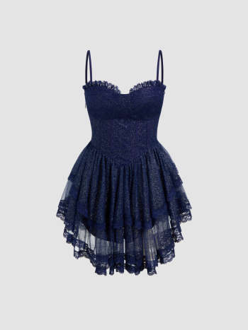 Chiffon Glitter Corset Lace Ruffle Layered Mini Dress