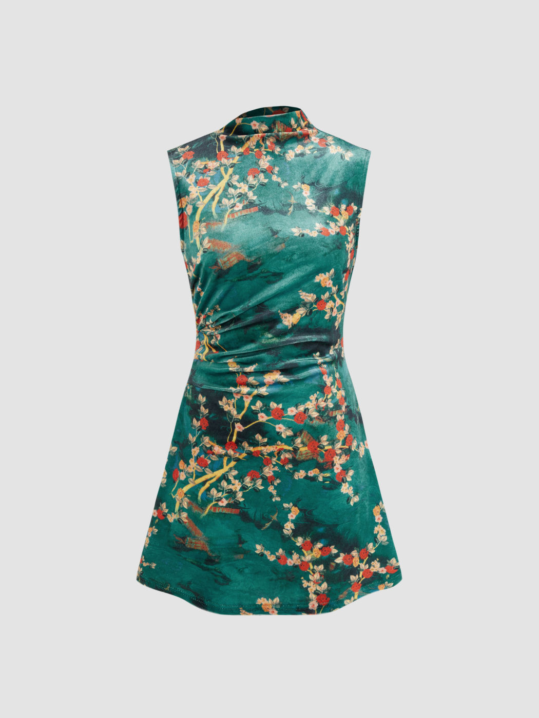 Samt-Mandarin-Kragen Blumen-Rusche Kurzkleid