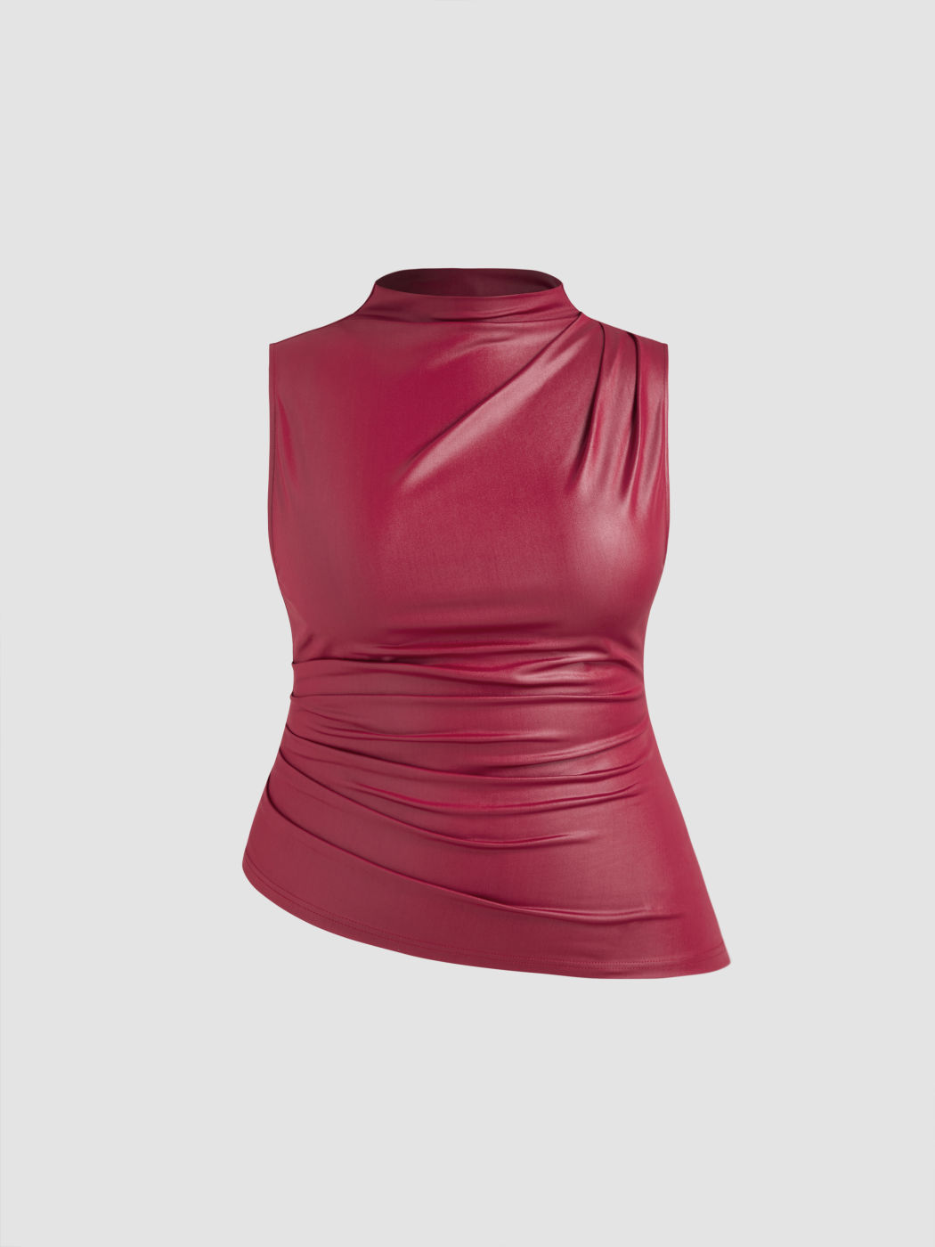 High Neck Solid Asymmetrical Hem Ruched Tank Top Curve & Plus